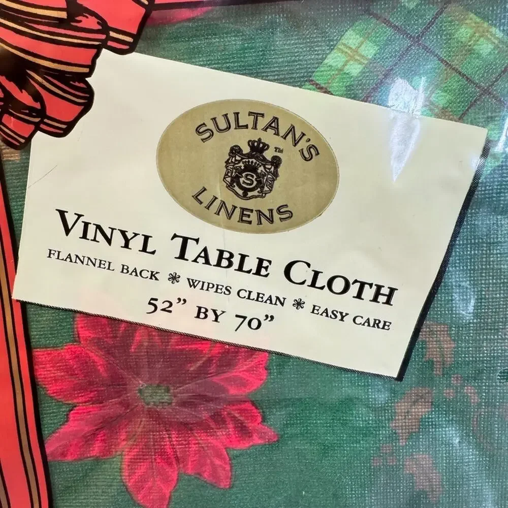 NOS Vtg Christmas Vinyl Tablecloth Sultan's Linens Green Red Flannel Back 52x70”
